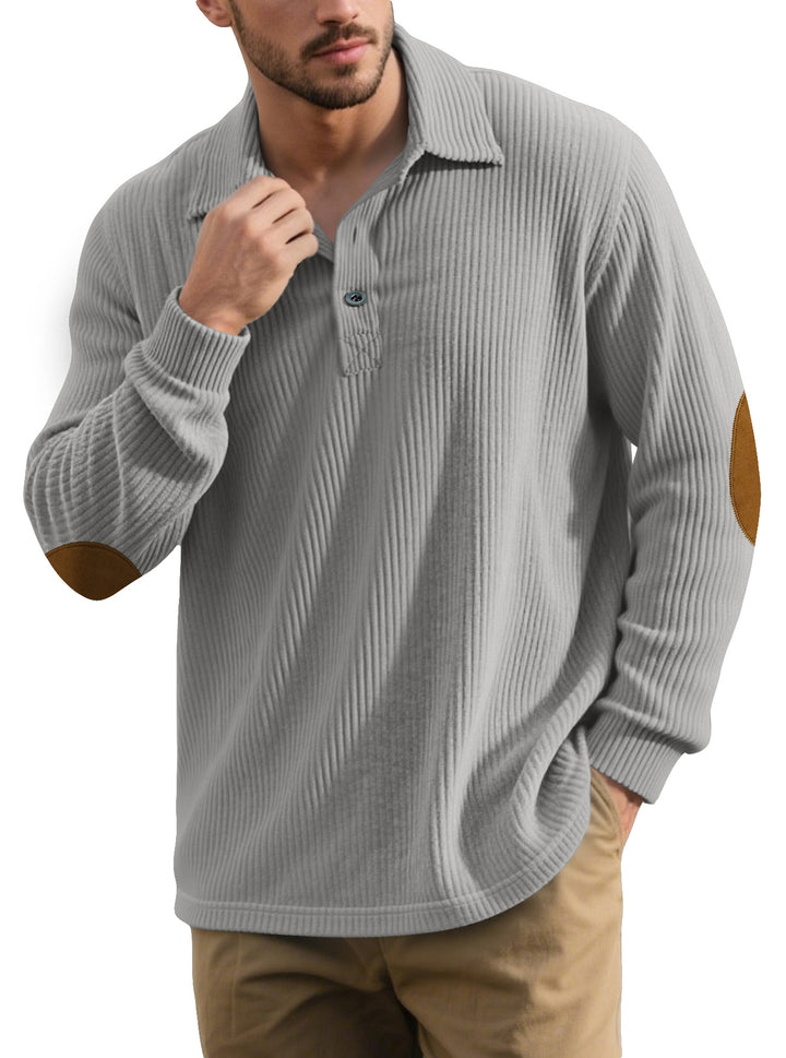 Herren nan gerippter Freizeit-Polo mit Kentkragen, kurzer Knopfleiste und Velours-Ellenbogenpatch Drune