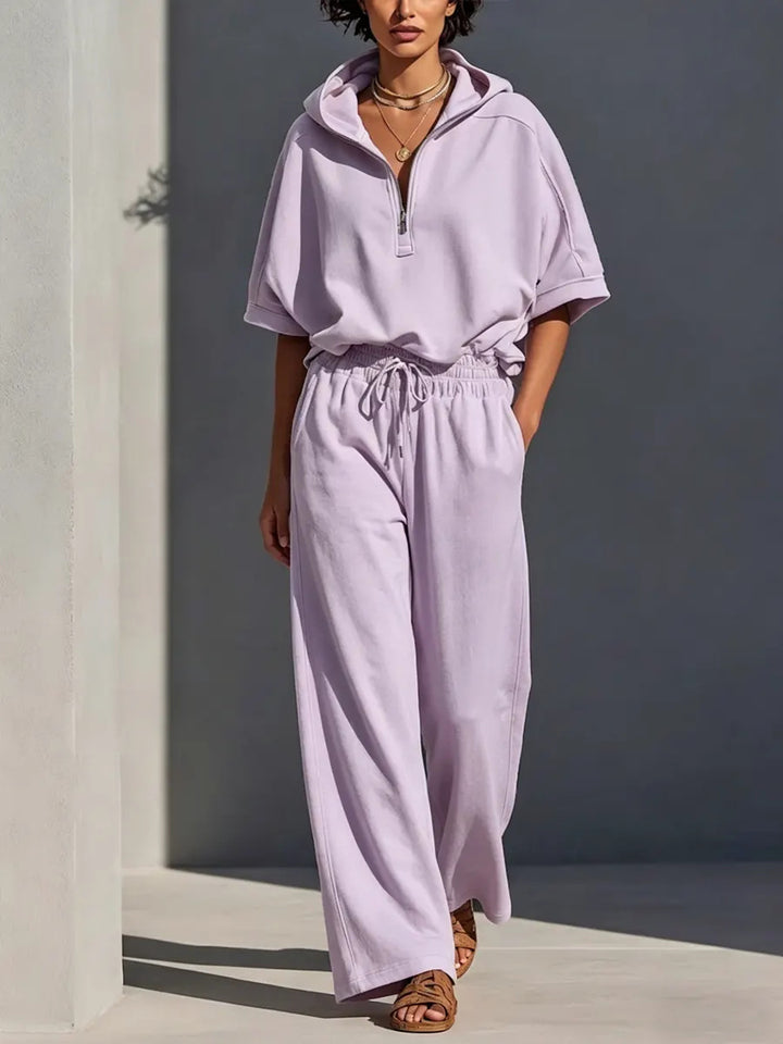 Damen Lässiges Lounge-Set mit Kapuzenpullover mit halbem Reißverschluss und weiter Palazzohose Drune