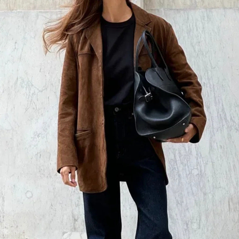 Damen Eleganter Blazer aus weichem Wildlederimitat mit schmalem Schnitt Drune
