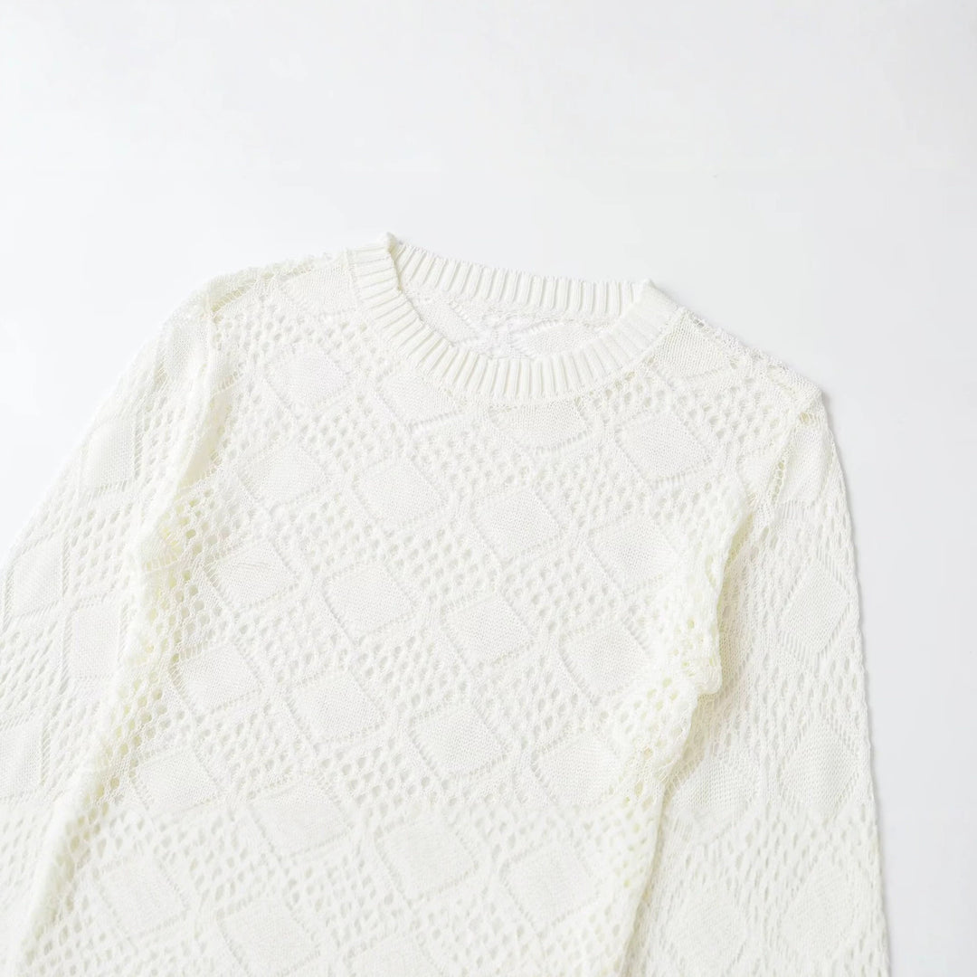 Damen Ajourgestrickter Cropped-Pullover mit Rundhals und Rautenmuster Drune