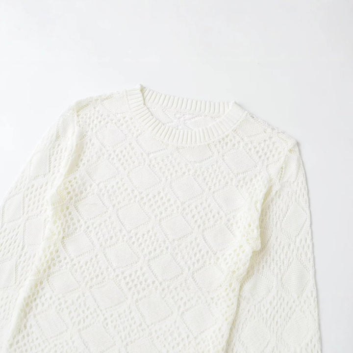 Damen Ajourgestrickter Cropped-Pullover mit Rundhals und Rautenmuster Drune
