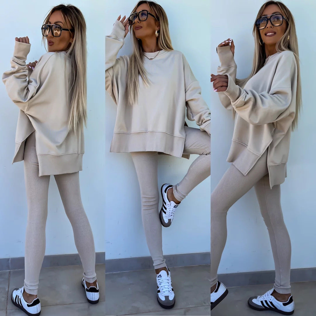 Damen komfortables Oversize-Lounge-Set mit langem Sweatshirt, gerippten High-Waist-Leggings und verlängerten Bündchen Drune