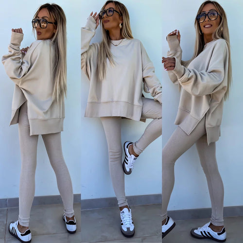 Damen komfortables Oversize-Lounge-Set mit langem Sweatshirt, gerippten High-Waist-Leggings und verlängerten Bündchen Drune