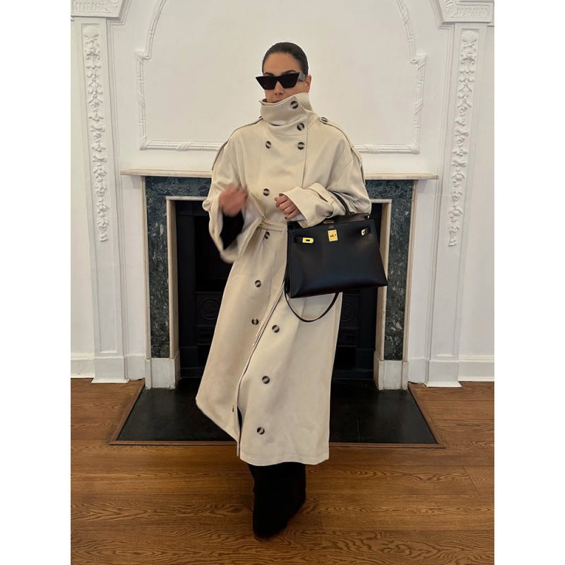 Damen Langer Oversized Trenchcoat mit hohem Stehkragen, Glockenärmeln und Bindegürtel Drune
