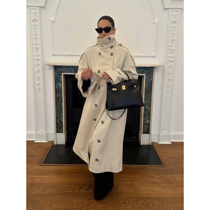 Damen Langer Oversized Trenchcoat mit hohem Stehkragen, Glockenärmeln und Bindegürtel Drune