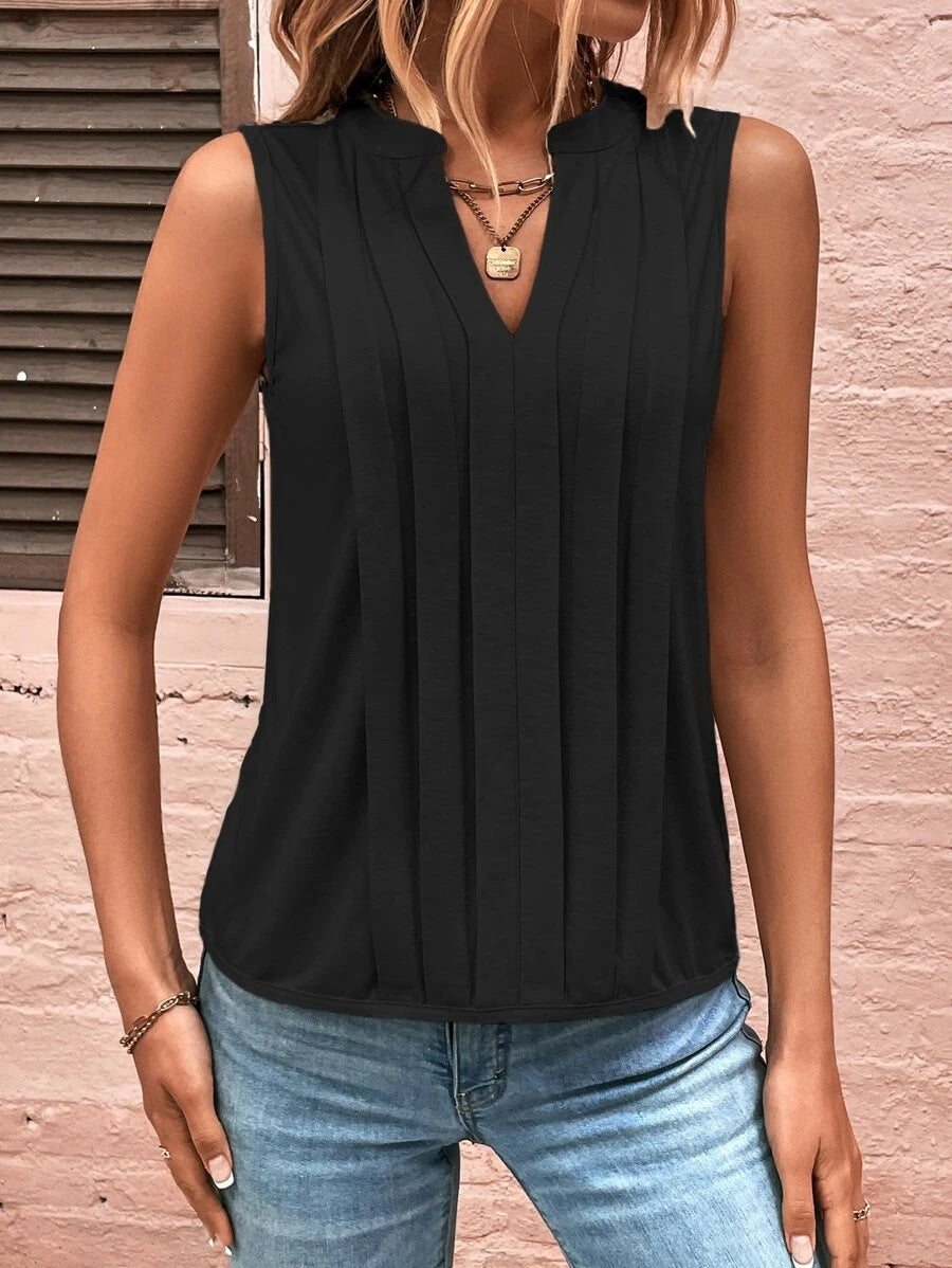 Damen Ärmellose Bluse mit feinen Bügelfalten und V-Ausschnitt Drune