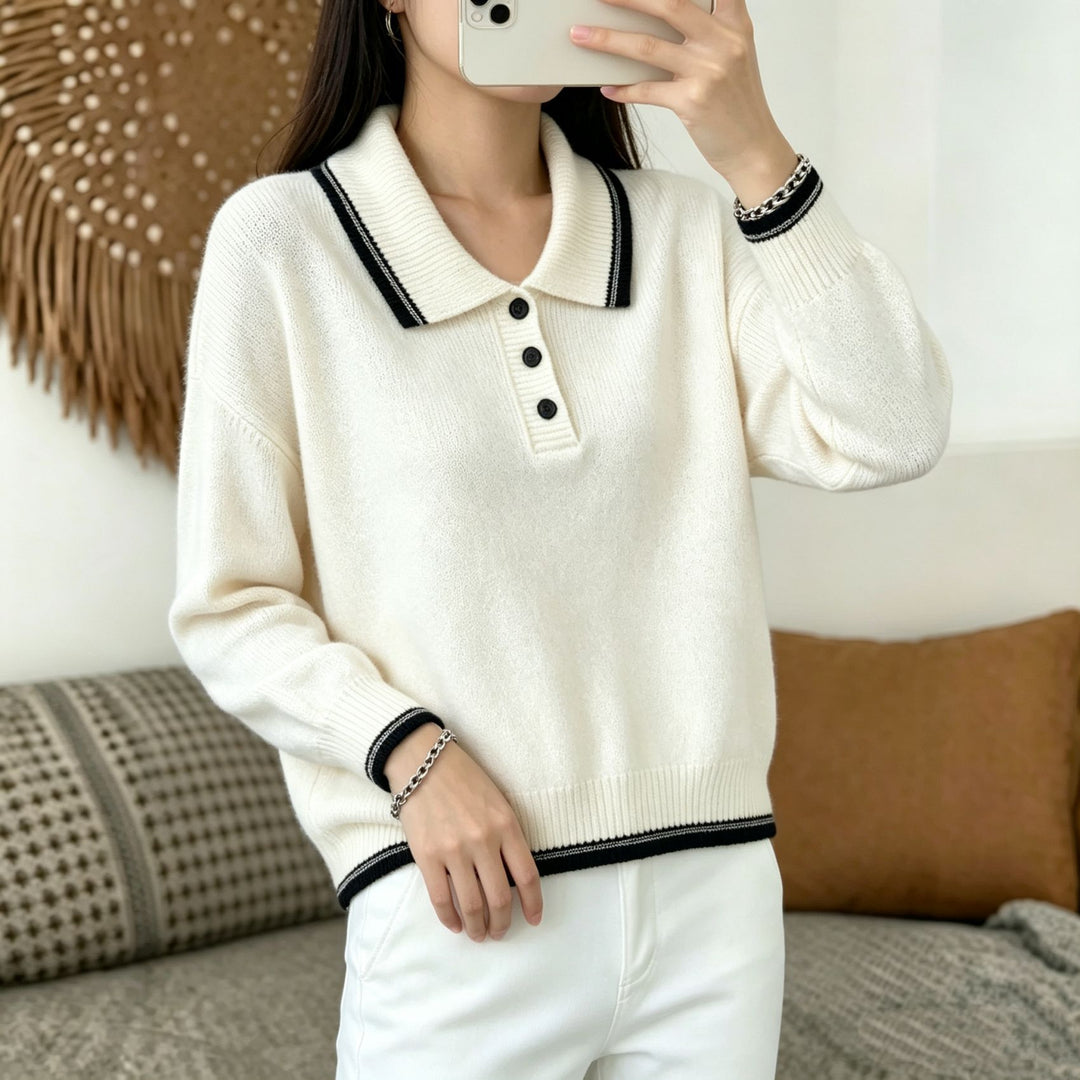 Damen Polokragen‑Strickpullover mit Knopfleiste und gerippten Bündchen Drune