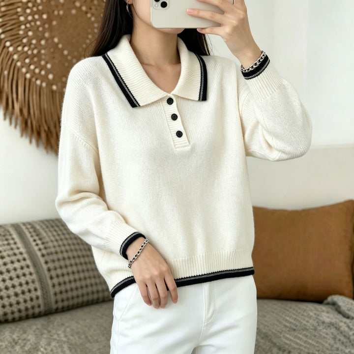 Damen Polokragen‑Strickpullover mit Knopfleiste und gerippten Bündchen Drune