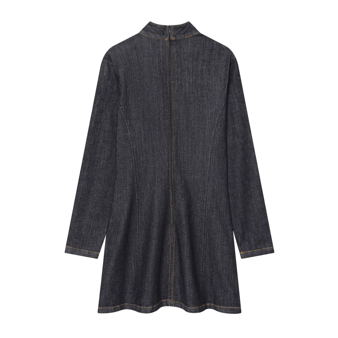 Damen nan tailliertes Denim-Midikleid mit Stehkragen, sichtbarer Mittelnaht und figurformenden Teilungsnähten Drune