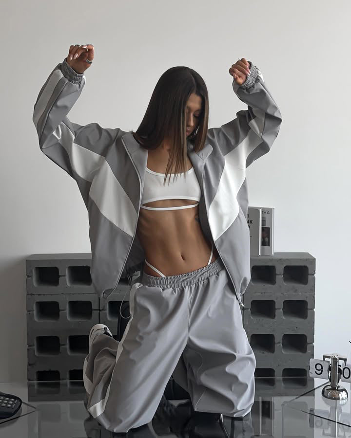Damen sportives Zweiteiler-Set aus Oversize-Trackjacke mit Reißverschluss und weitem Bundfalten-Hose Drune