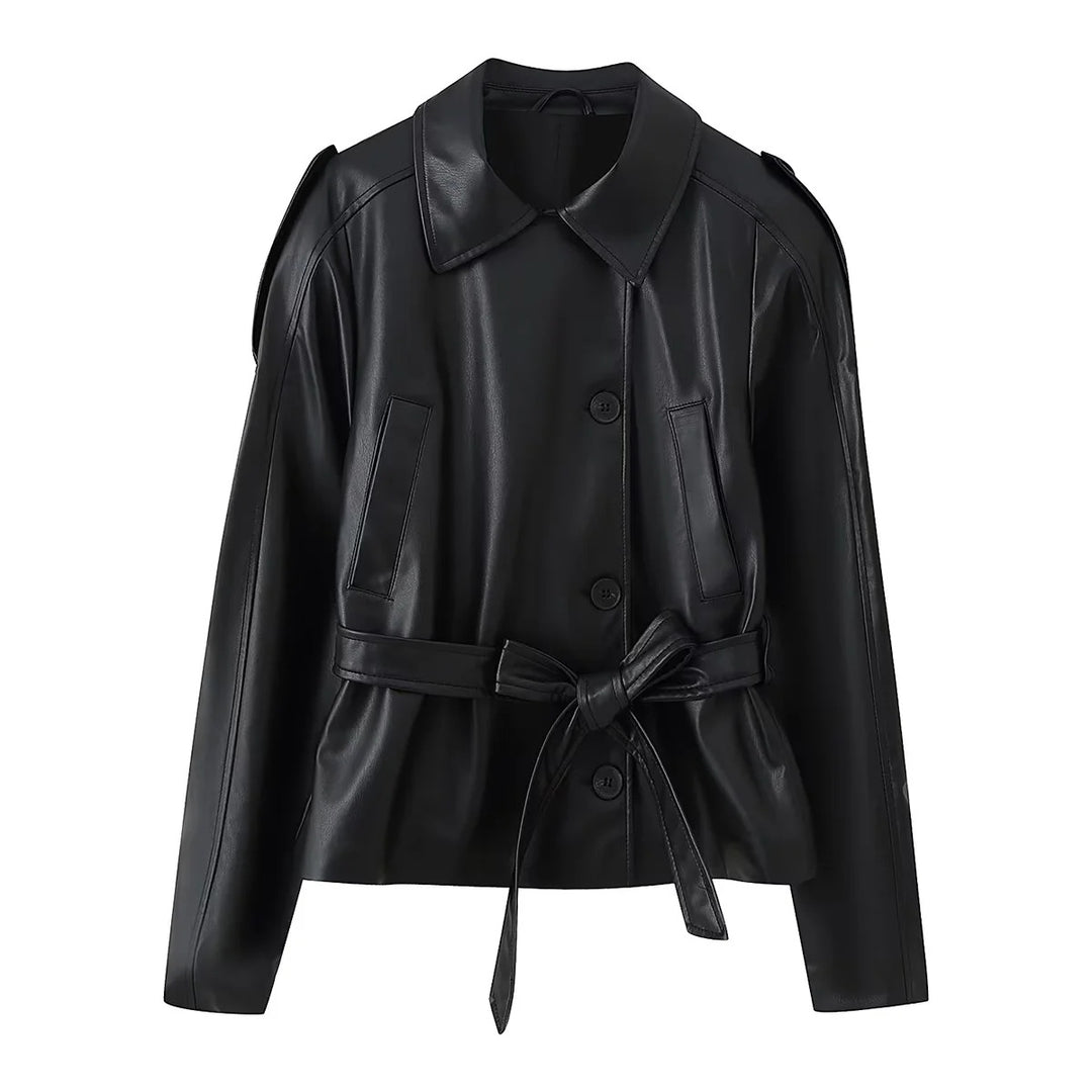 Damen nan taillierte Kunstlederjacke mit Bindegürtel, Hemdkragen und verdeckter Knopfleiste Drune