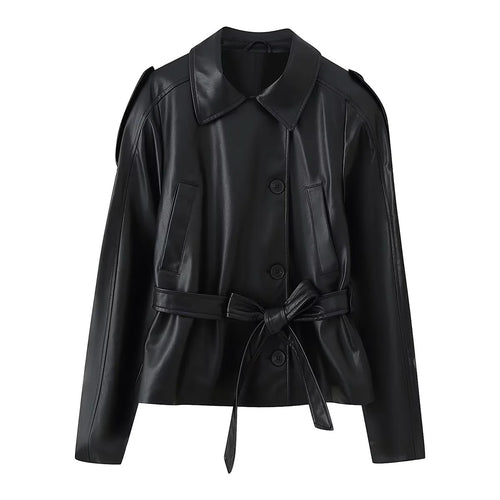Damen nan taillierte Kunstlederjacke mit Bindegürtel, Hemdkragen und verdeckter Knopfleiste Drune