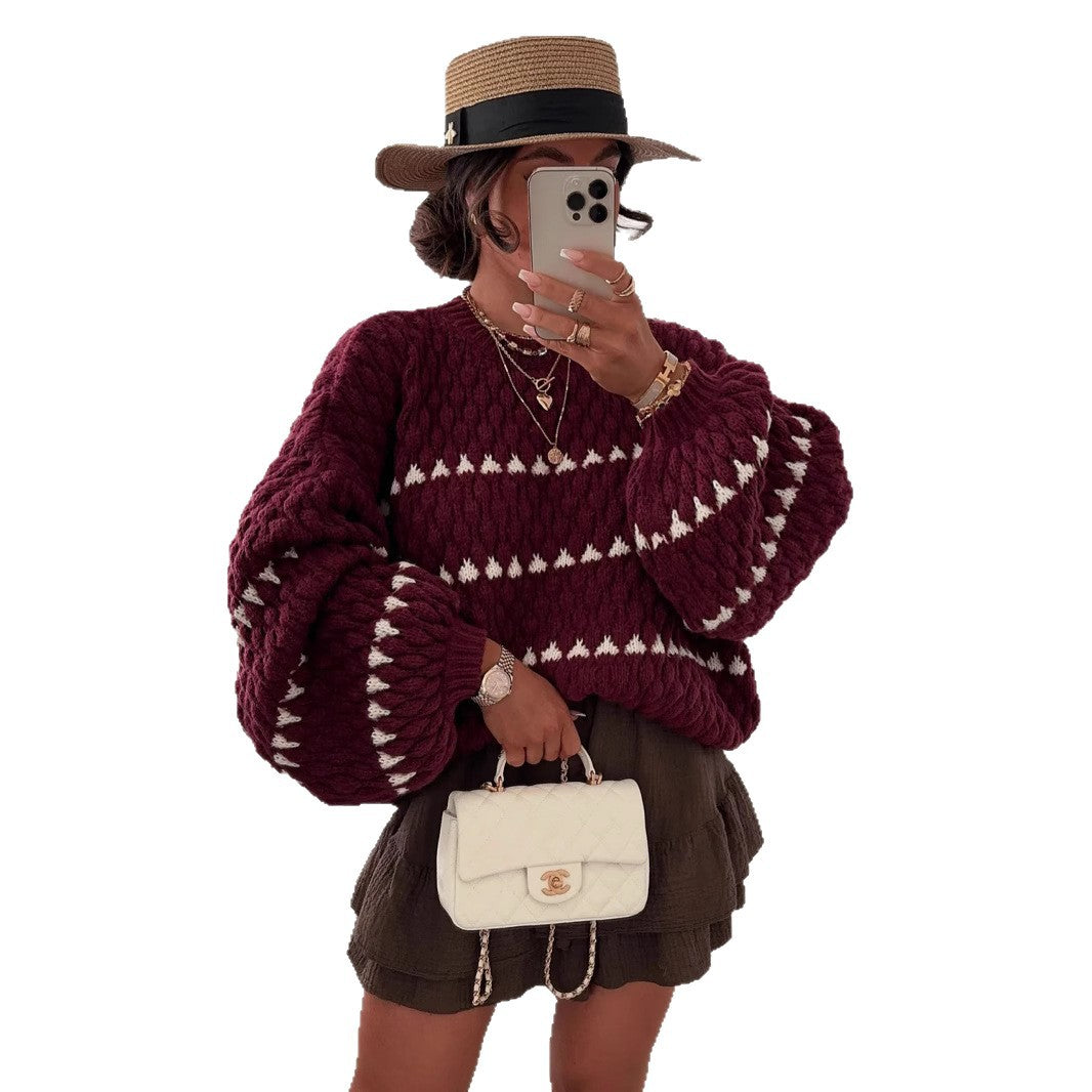 Damen eleganter Strickpullover mit weiten Ärmeln und grafischem Muster Drune