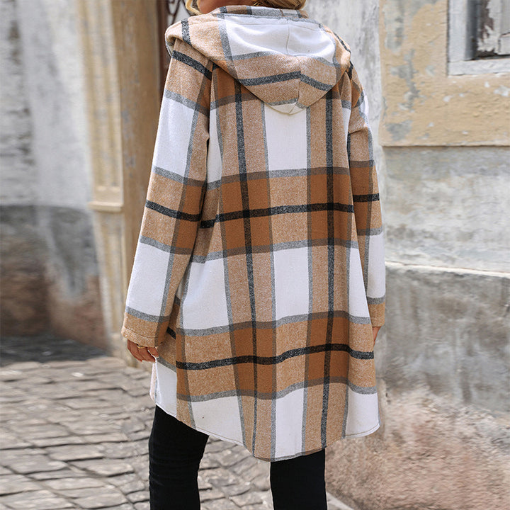 Damen Lange Kapuzen‑Strickjacke mit Karomuster, Reißverschluss & Eingrifftaschen Drune