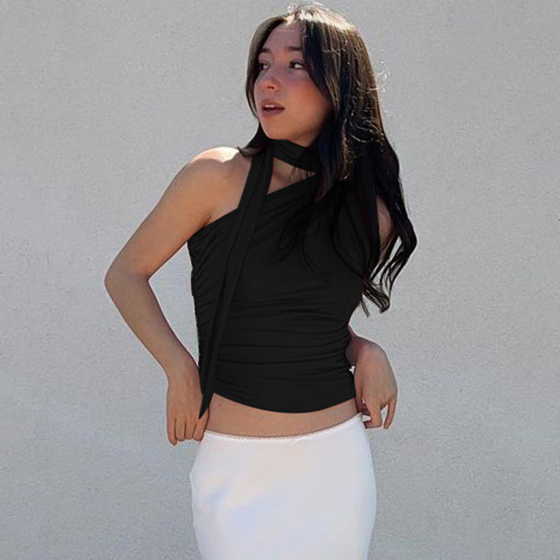 Damen asymmetrisches Top mit bindbaren Schlaufen und Raffung Drune