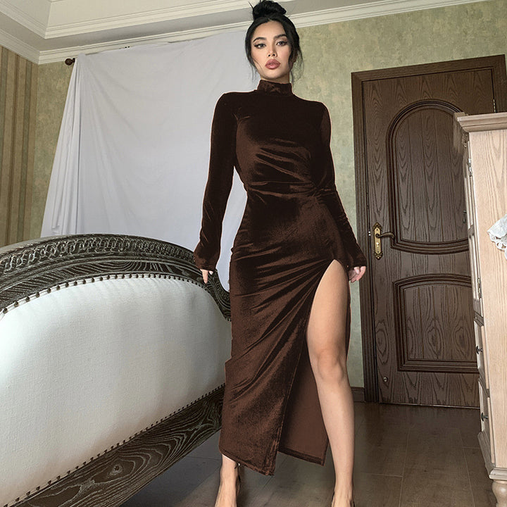Damen Elegantes Samt-Maxi-Kleid mit hohem Schlitz und Stehkragen Drune