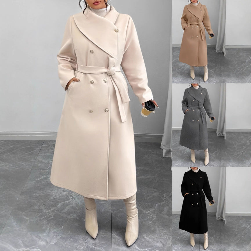 Damen Doppelreihiger Wollmix-Mantel mit weitem Schalkragen und Bindegürtel Drune