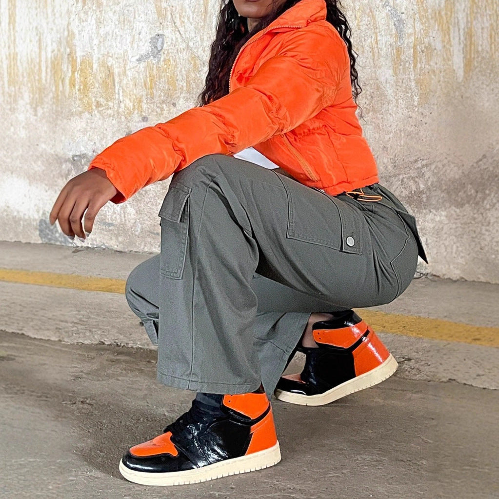 Damen Cargo-Hose mit hoher Taille, weitem Bein und aufgesetzten Pattentaschen Drune