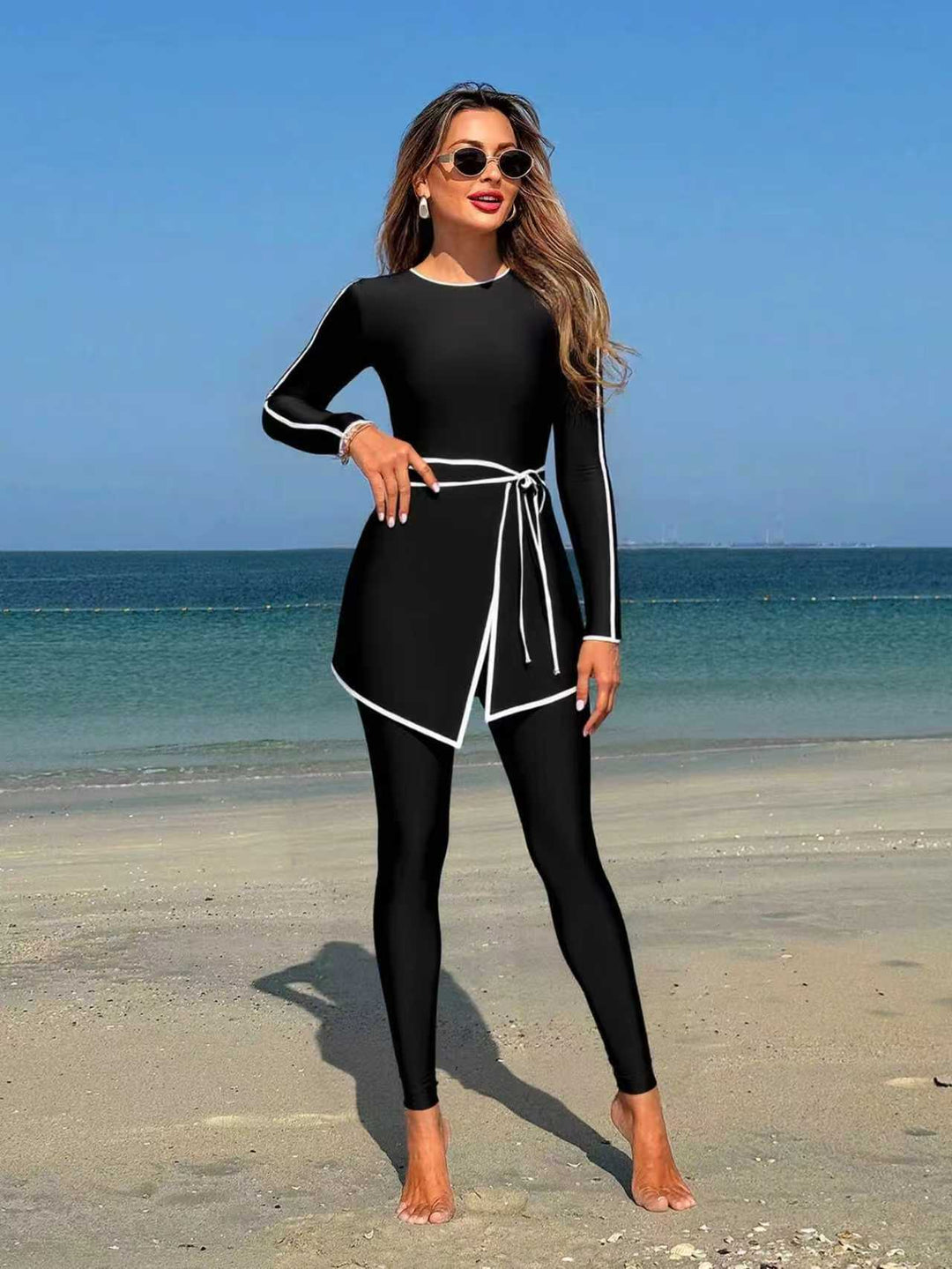 Damen modischer Langarm-Schwimmanzug mit Wickelrock Drune