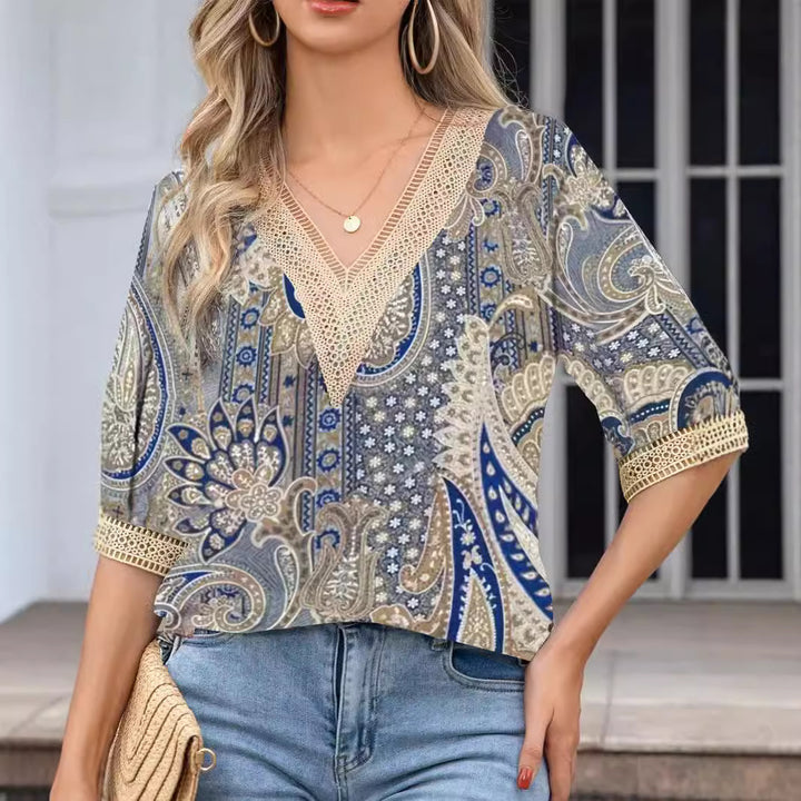 Damen Trendiges Boho-Shirt mit dekorativem Häkelkragen Drune