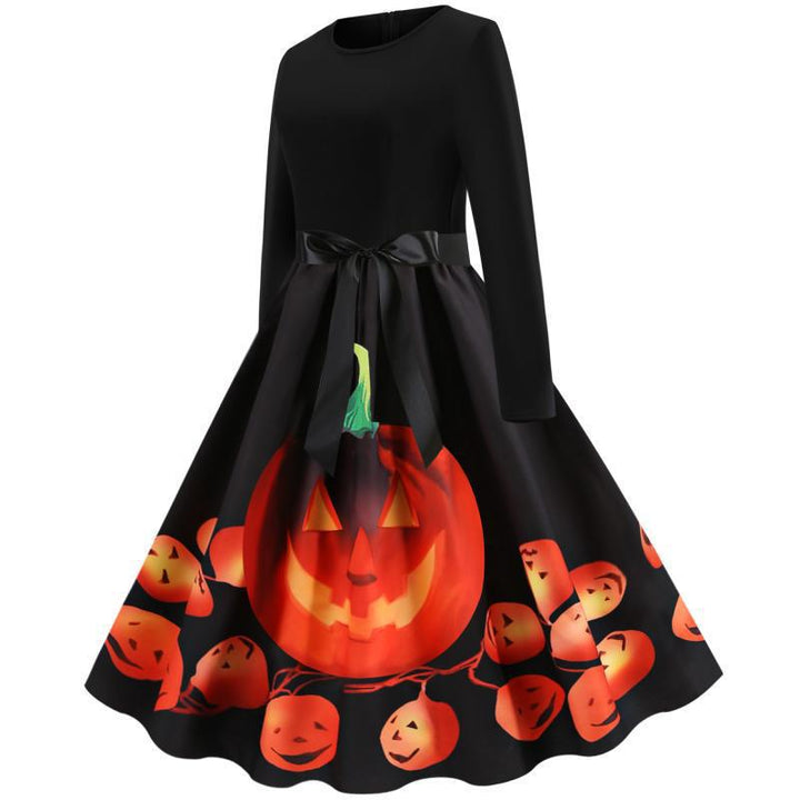 Damen Schwingendes Kleid mit Halloween-Kürbismotiv, Langarm und Taillenschleife Drune