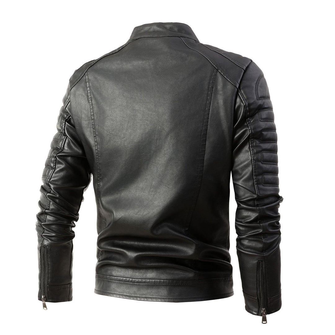Herren Bikerjacke aus Kunstleder mit gesteppter Ärmelpolsterung, Stehkragen und Multi-Taschen Drune