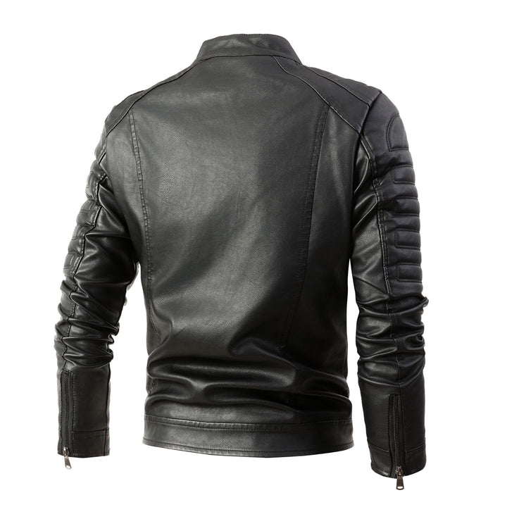 Herren Bikerjacke aus Kunstleder mit gesteppter Ärmelpolsterung, Stehkragen und Multi-Taschen Drune