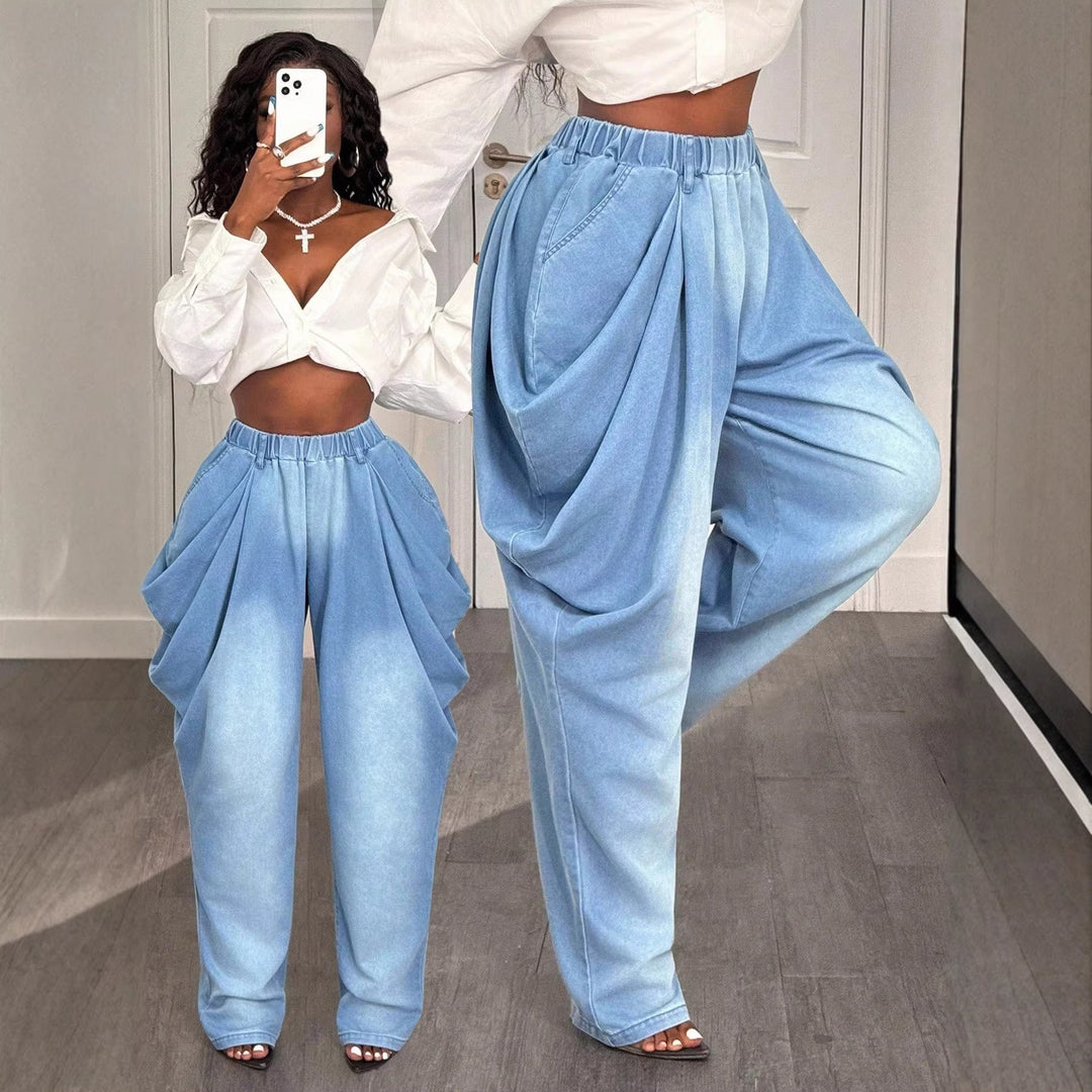 Damen lässige Baggy-Jeans mit hohem Taillenbund und praktischen Seitentaschen Drune