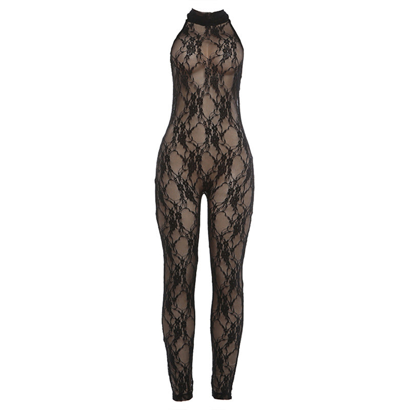 Damen Jumpsuit aus feiner Spitze mit hohem Kragen und figurbetontem Schnitt Drune
