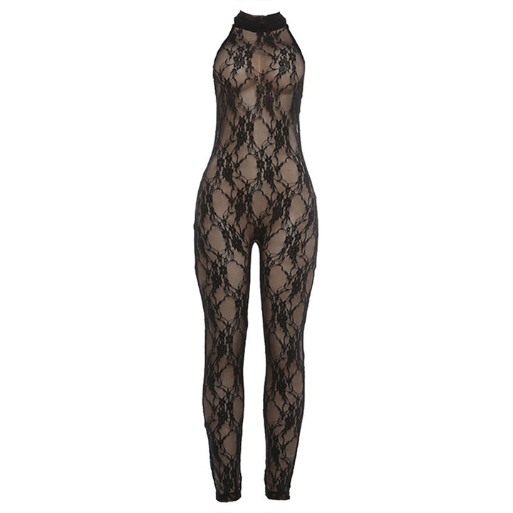 Damen Jumpsuit aus feiner Spitze mit hohem Kragen und figurbetontem Schnitt Drune