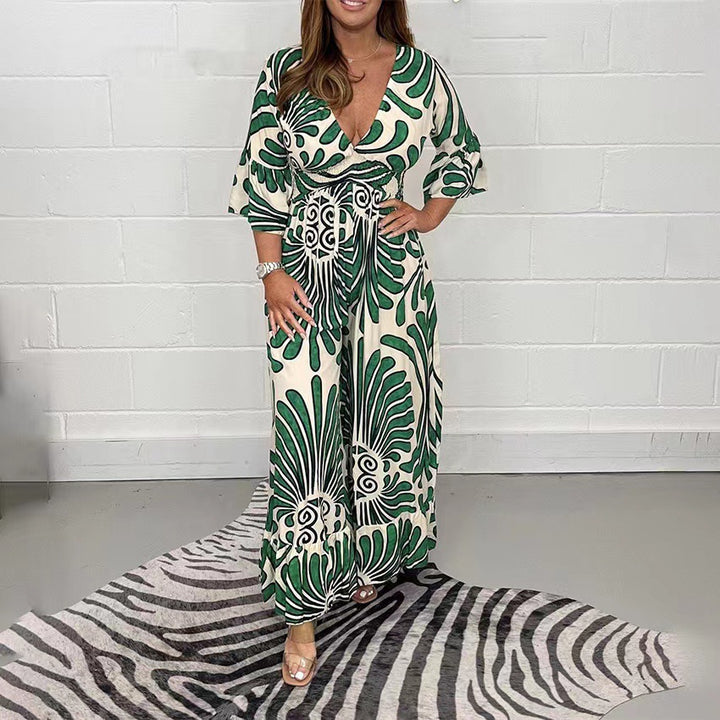 Damen Maxikleid mit V-Ausschnitt und Schößchen Drune
