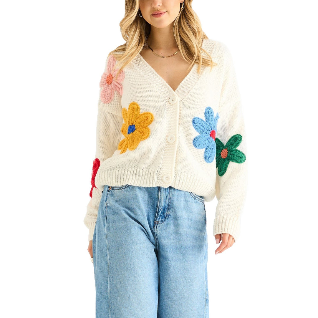 Damen Cardigan mit dreidimensionalen Blumenapplikationen und V-Ausschnitt Drune