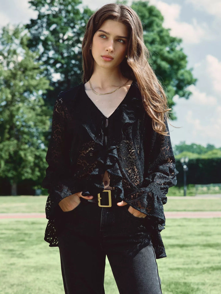 Damen Bluse mit voluminösen Rüschen und feiner Spitze Drune