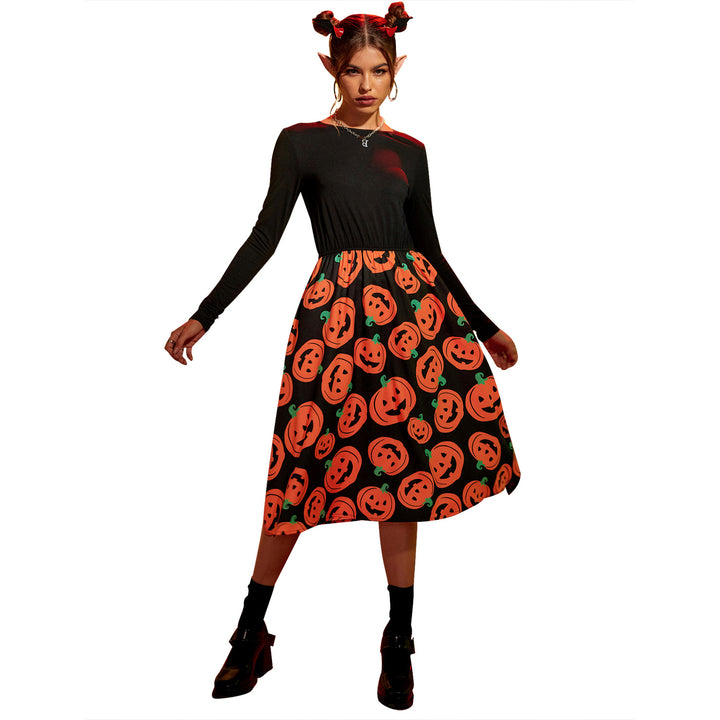 Damen Midikleid mit langen Ärmeln und Halloween-Motiv Drune