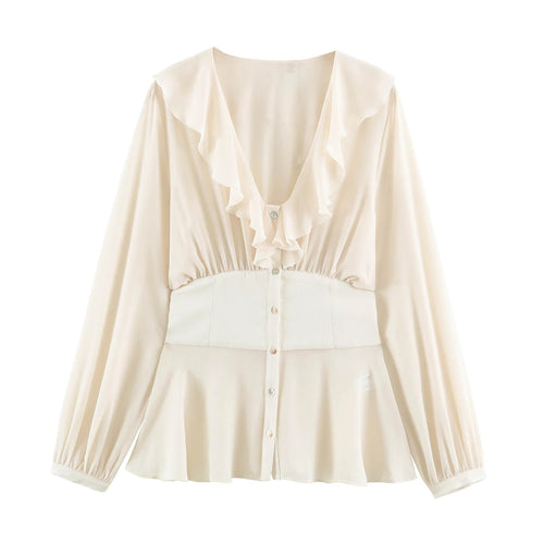 Damen Filigrane V‑Neck‑Bluse mit Volantkragen, taillierter Bundpasse und Ballonärmeln Drune