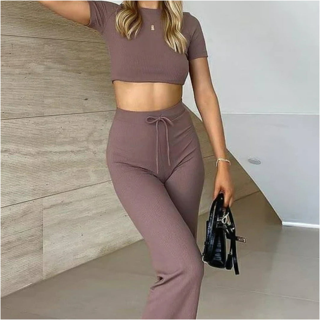 Damen Geripptes Crop-Set aus Stretch‑Jersey mit taillenhoher Kordel-Hose Drune