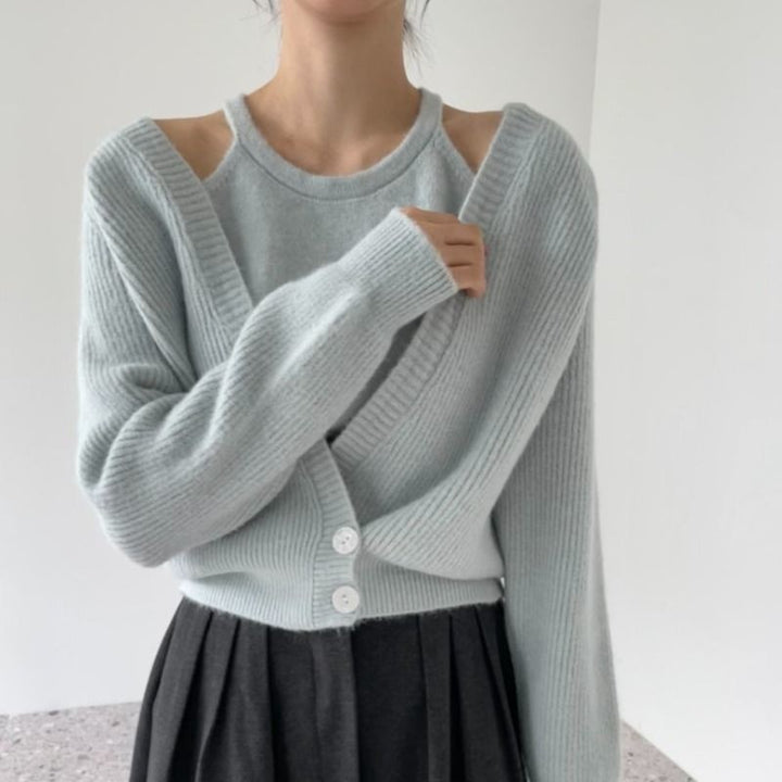 Damen raffinierte Strickjacke mit tiefem V-Ausschnitt und Knopfverschluss Drune