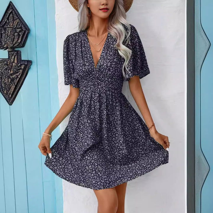 Damen Blütenmuster Kleid mit V-Ausschnitt und kurzen Ärmeln Drune