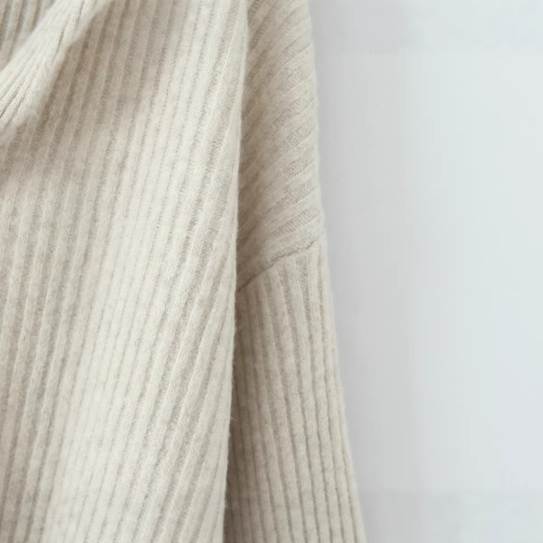 Damen Gerippter Strickzweiteiler mit weitem V-Ausschnitt, langem Schal und Palazzo-Hose Drune