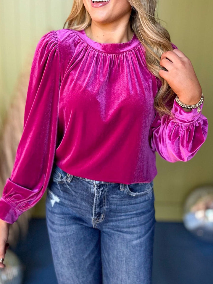 Damen Samtbluse mit Ballonärmeln und gerafftem Stehkragen Drune