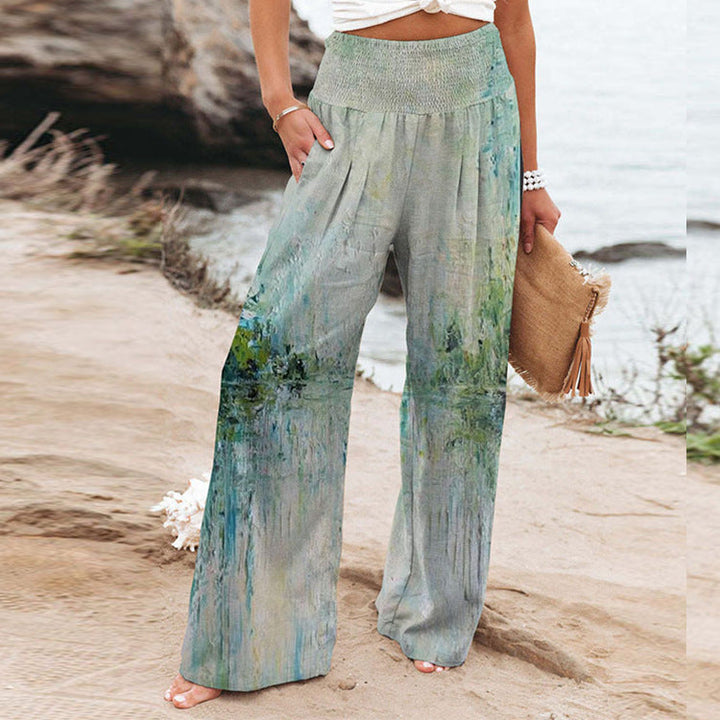 Damen weite Floral-Hose mit elastischem Bund und seitlichen Taschen Drune