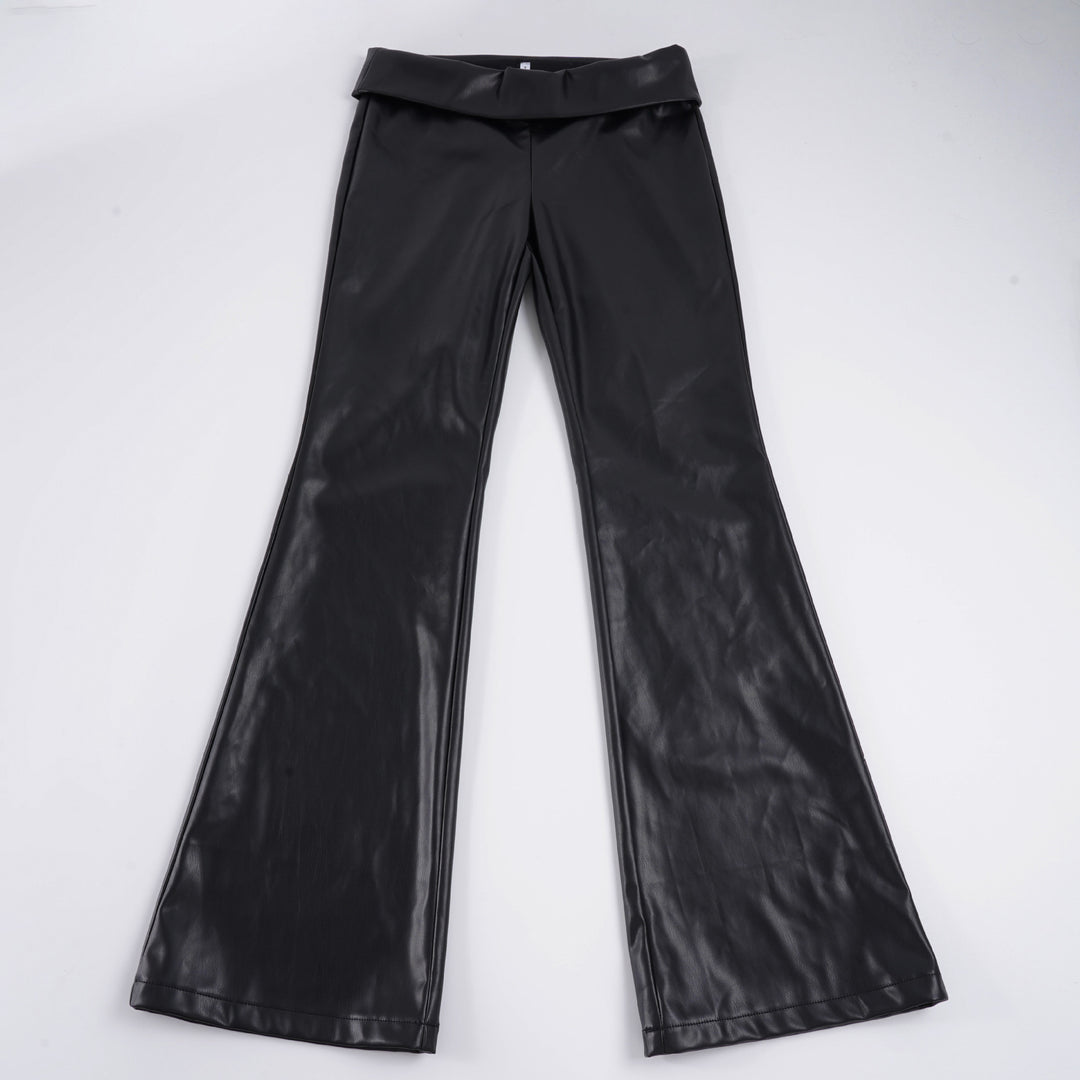 Damen High-Waist Schlaghose aus veganem Leder mit umgeschlagenem Bund Drune