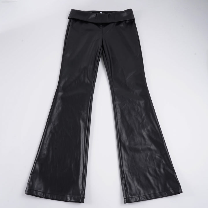 Damen High-Waist Schlaghose aus veganem Leder mit umgeschlagenem Bund Drune