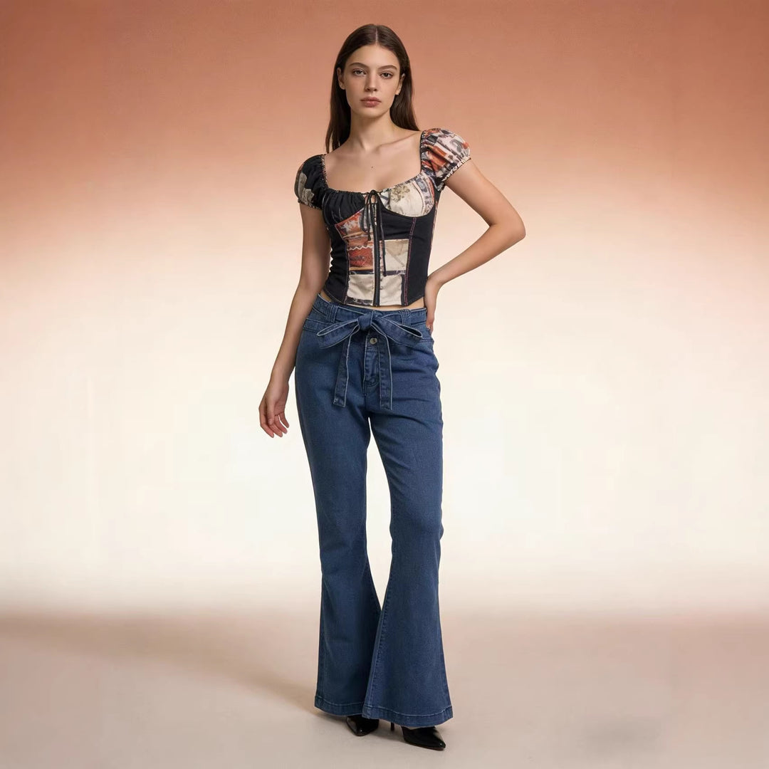 Damen Flared Jeans mit Gürtel und hohem Bund Drune