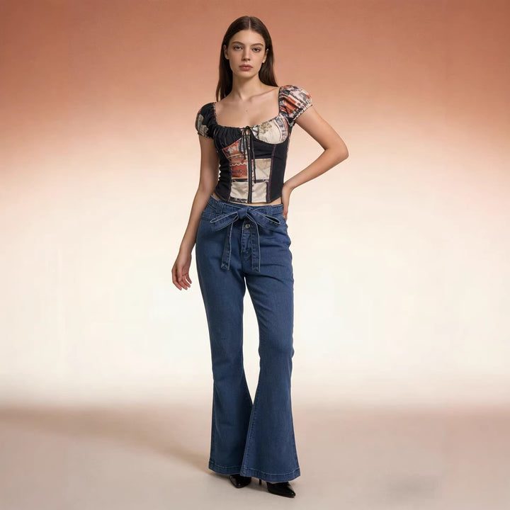 Damen Flared Jeans mit Gürtel und hohem Bund Drune
