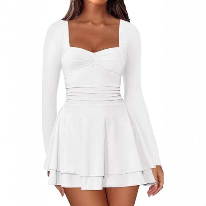 Damen Langarm-Minikleid mit quadratischem Ausschnitt, taillierter Raffung und zweilagigem Volantrock Drune