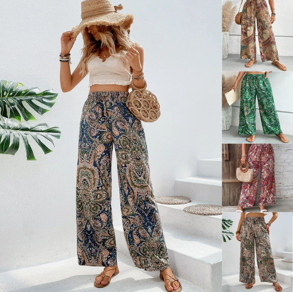 Damen Palazzo-Hose mit weitem Bein, elastischem Smockbund und Paisley-Print Drune