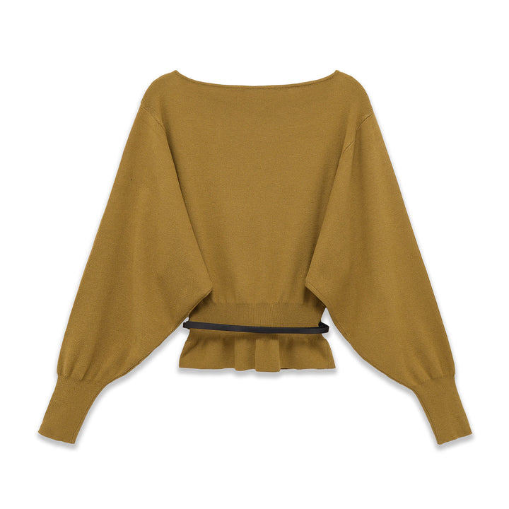 Damen nan Fledermaus-Pullover mit weitem Ärmel, gerafftem Taillenbund und schmalem Gürtel Drune