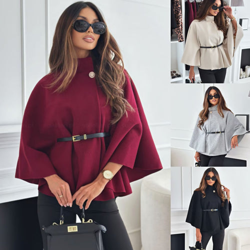 Damen elegante und modische Cape-Jacke mit Gürtel aus strukturiertem Stoff Drune