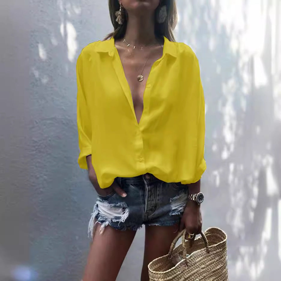 Damen lässige Chiffonbluse mit tiefem V-Ausschnitt und lockerer Passform Drune